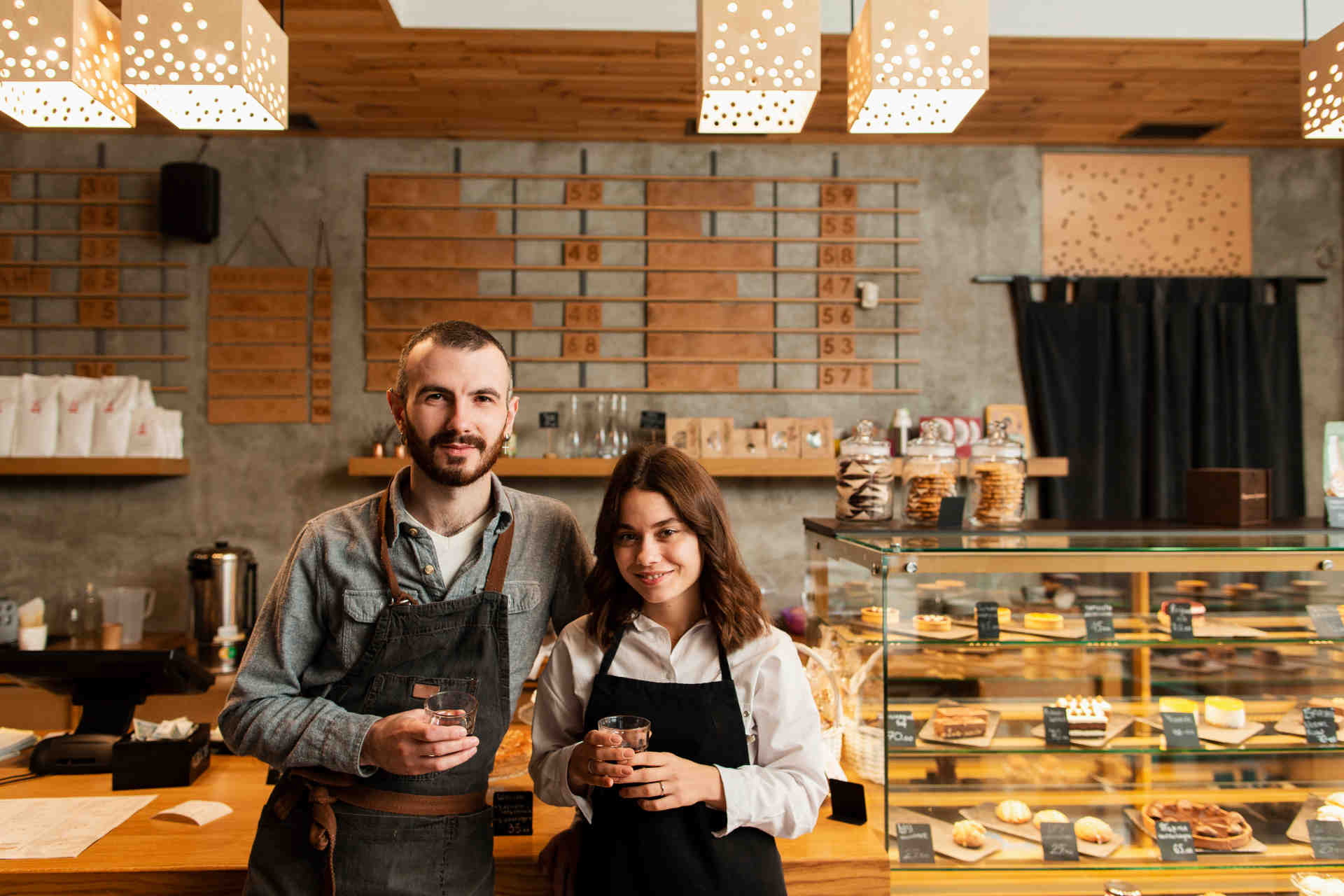 couple-aprons-posing-with-cups-coffee
